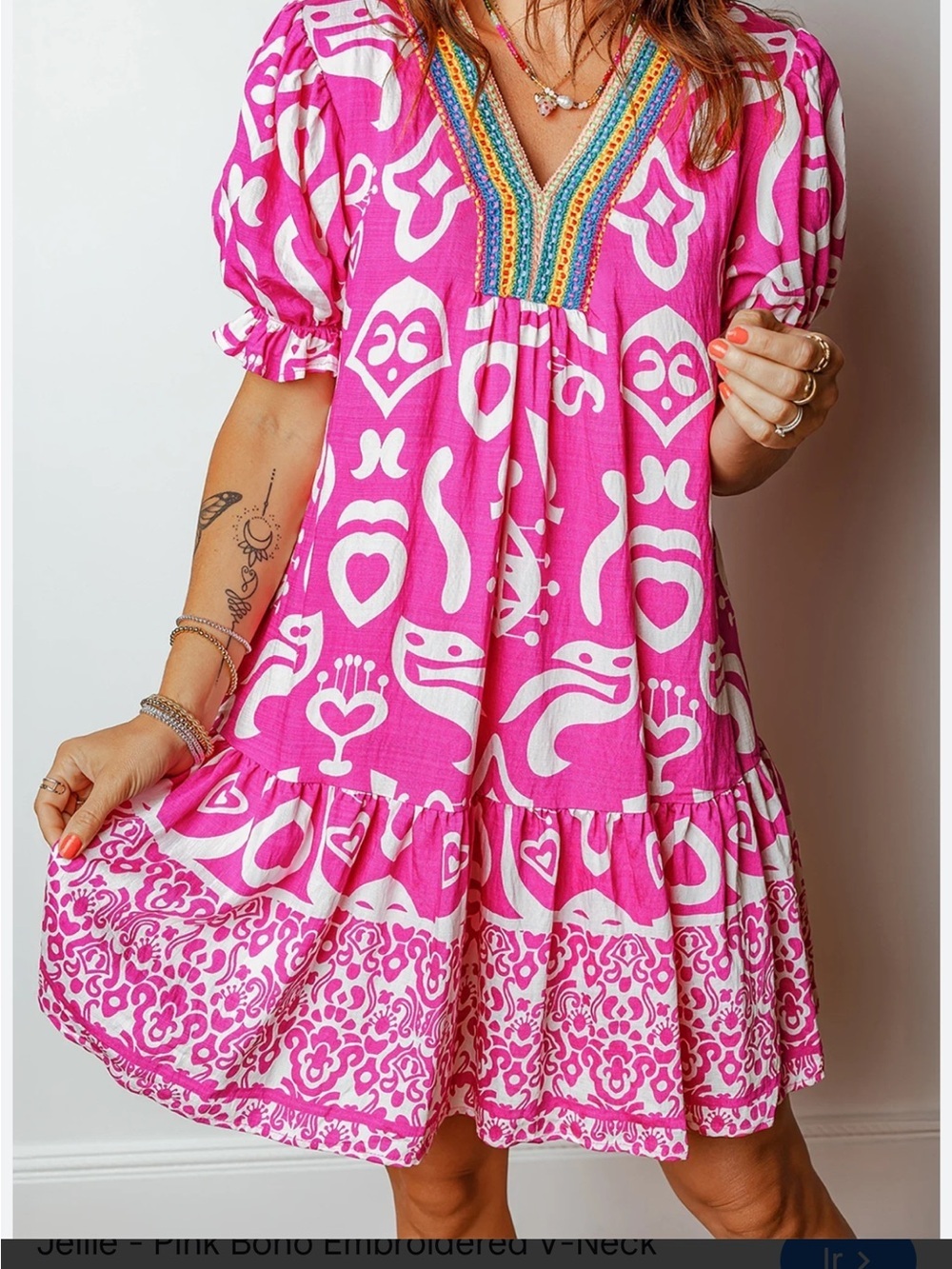 She + Sky Fuchsia V-Neck Embroidered Tunic with Multicolor Trim